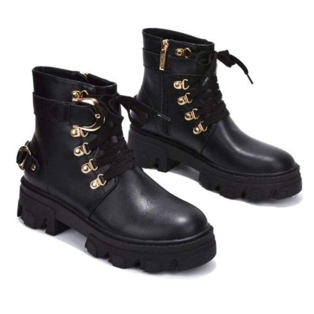 Womens Black Combat Ankle Boots Lace Up Heeled - Picture 2 of 3